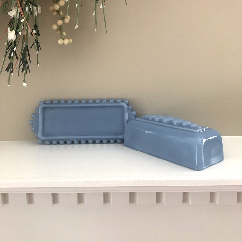 Blue Butter Dish Milk Glass 7-1/2” - Picture 5 of 8